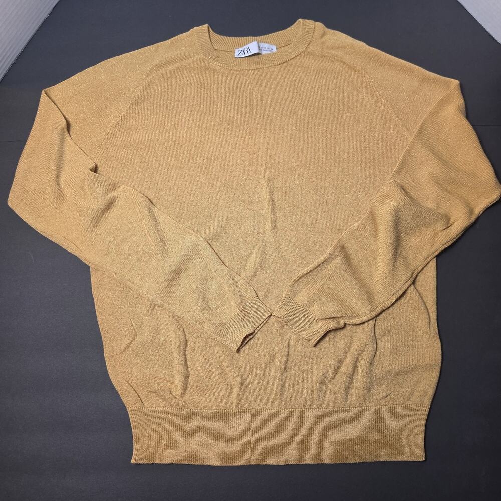 Zara Women’s M Gold Metallic Shimmer Knit Crewneck Sweater Long Sleeve